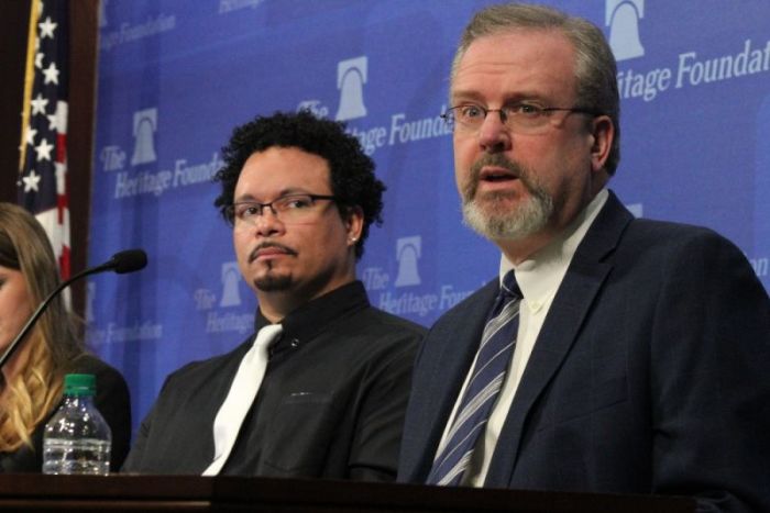 Chuck Johnson (Right), president of the National Council for Adoption, speaks at the Heritage Foundation headquarters in Washington, D.C. on April 9, 2018. He is flanked by Ryan Bomberger (Middle), founder of The Radiance Foundation.