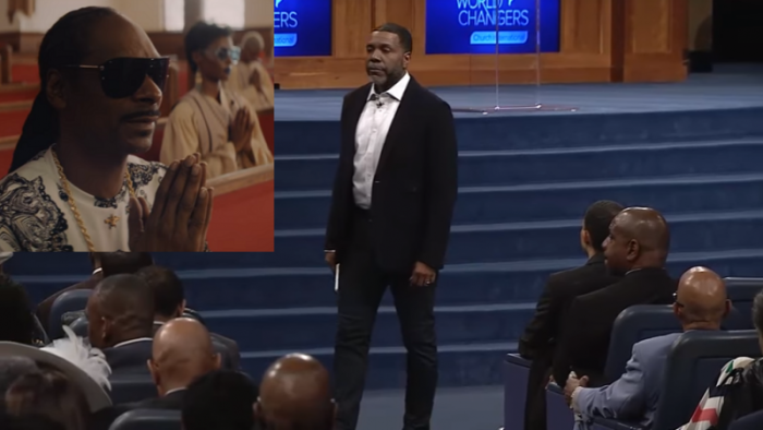 Televangelist Creflo Dollar (R) discusses rapper Snoop Dogg (inset) with his church.