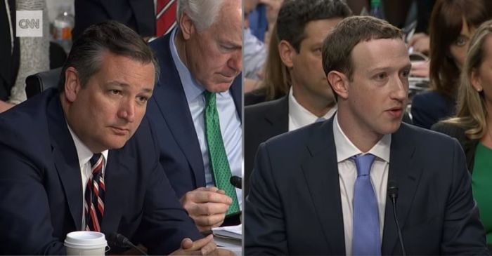 Senator Ted Cruz of Texas (left) asking Facebook CEO Mark Zuckerberg (right) questions regarding alleged political bias at the social media site during Zuckerberg's testimony before the U.S. Senate on Tuesday, April 10, 2018.