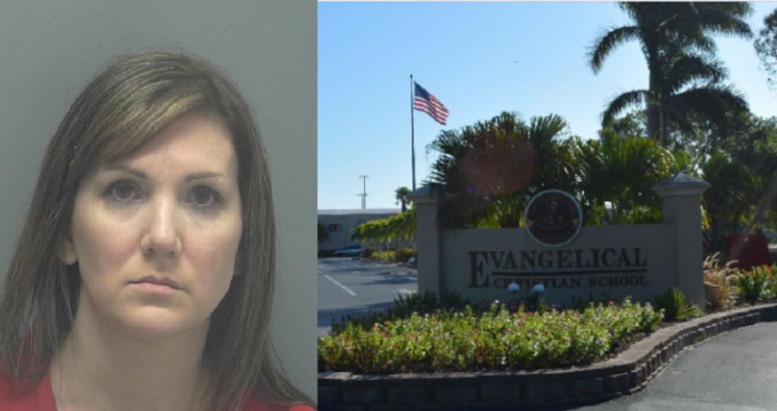 Suzanne Lea Owen, 35 (L) and the entrance to Evangelical Christian School in Fort Myers, Florida.