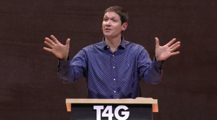 The Village Church pastor Matt Chandler speaks at the Together for the Gospel conference in Louisville, Kentucky.