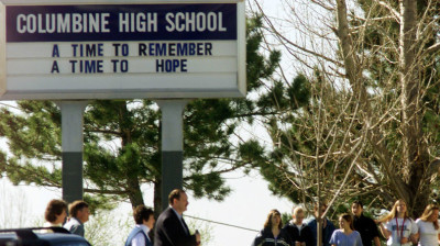 Students and faculty arrive at Columbine High School in Littleton, Colorado.