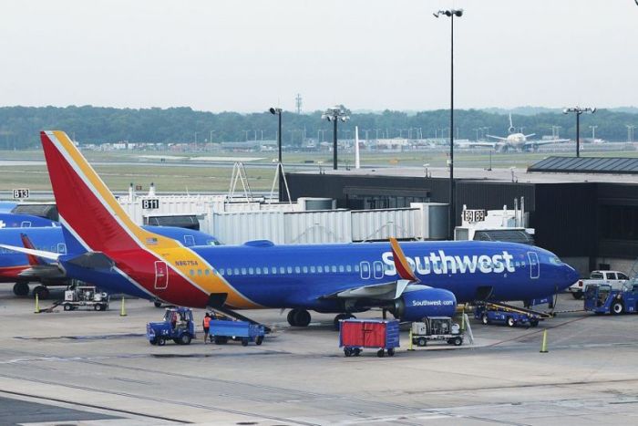 A Southwest aircraft, N8675A, at gate B9 at Baltimore-Washington International Airport.