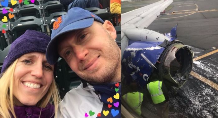 Timothy C. Bourman, pastor of Sure Foundation Lutheran Church in Woodside, Queens, NY, and his wife Amanda (L) prayed together after the left engine of Southwest Flight 1380 (R) from New York to Dallas exploded on Tuesday April 17, 2018.