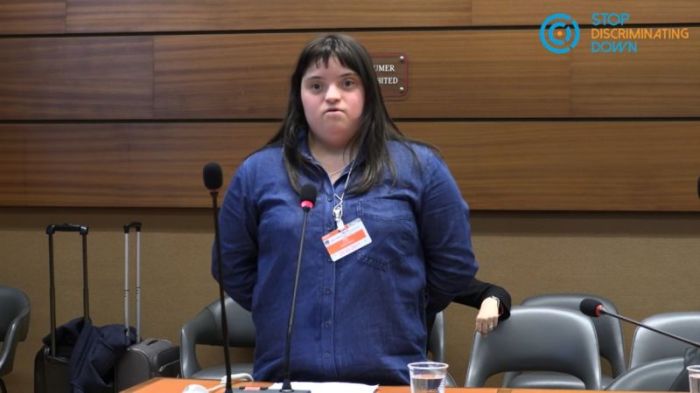 Charlotte Fien (United Kingdom), young woman living with Down's syndrome, speaking at the United Nations in March 2018.
