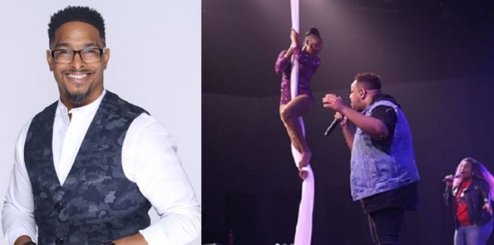 Apostle Bryan Meadows (L) is founding pastor of Embassy Church International in Atlanta, Georgia, where creatives like this aerialist (R) is used in the worship of Jesus.