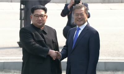 North Korean leader Kim Jong Un (L) shakes hands with President Moon Jae-in of South Korea after becoming the first North Korean leader to step on South Korean soil on Friday, April 27, 2018. The historic move took place at the Joint Security Area of Panmunjom inside the heavily-fortified Demilitarized Zone that divides the two Koreas.