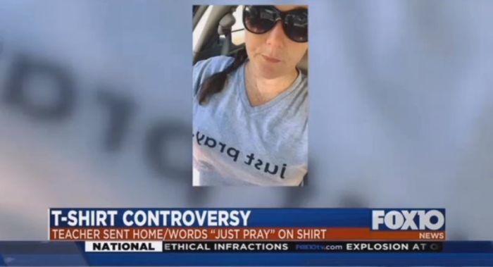 Chris Burrell, a teacher in Alabama, said she was sent home because of her 'just pray' t-shirt in April 2018.
