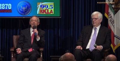 Robert Jeffress (left), senior pastor of First Baptist Church of Dallas, and Dennis Prager (right), writer and nationally syndicated conservative radio personality, discuss matters of faith at the 'Ask a Jew, Ask a Gentile' event hosted by the Ronald Reagan Presidential Foundation and Institute in Simi Valley, California, on Sunday, April 29, 2018.