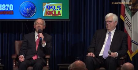 Robert Jeffress (left), senior pastor of First Baptist Church of Dallas, and Dennis Prager (right), writer and nationally syndicated conservative radio personality, discuss matters of faith at the "Ask a Jew, Ask a Gentile" event hosted by the Ronald Reagan Presidential Foundation and Institute in Simi Valley, California, on Sunday, April 29, 2018.