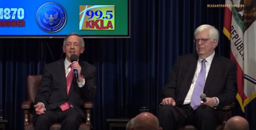 Robert Jeffress (left), senior pastor of First Baptist Church of Dallas, and Dennis Prager (right), writer and nationally syndicated conservative radio personality, discuss matters of faith at the "Ask a Jew, Ask a Gentile" event hosted by the Ronald Reagan Presidential Foundation and Institute in Simi Valley, California, on Sunday, April 29, 2018.