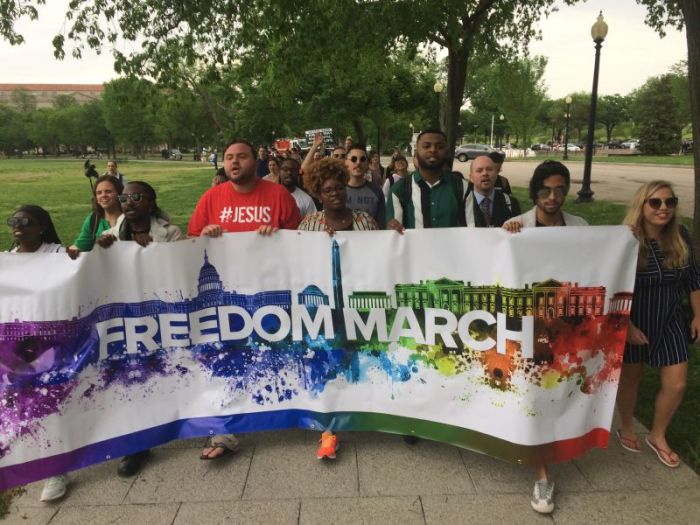 Men and women who left gay and transgender lives march to the White House with the Freedom March on May 5, 2018.