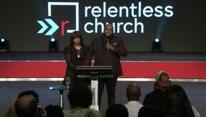 Pastors John and Aventer Gray speak as the new lead pastors of what is now called Relentless Church in South Carolina after founding pastor Ron Carpenter transferred leadership to the Grays, May 6, 2018.