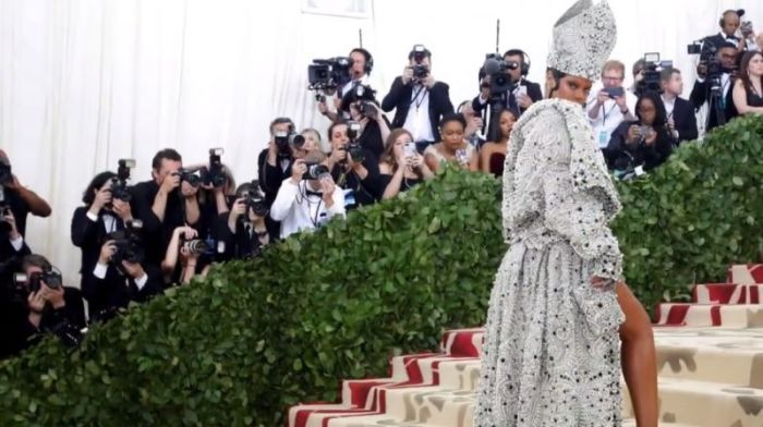 Rihanna dressed in a papal-inspired outfit for the annual Met Gala, held in New York City on Monday, May 7, 2018. The theme for the event was fashion and the Catholic imagination.