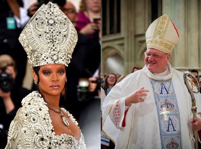 Popular singer Rihanna (L) at the Catholic-themed 2018 Met Gala on Monday May 7, 2018 and Roman Catholic Archdiocese of New York's Cardinal Timothy Dolan (R).