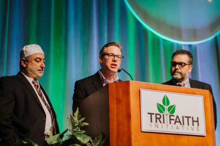 Members of the Tri-Faith Initiative in Omaha, Nebraska (from L-R): Imam Jamal Daoudi of the American Muslim Institute; Rabbi A. Brian Stoller of Temple Israel and Dr. Eric Elnes a biblical scholar and Senior Minister of Countryside Community Church.