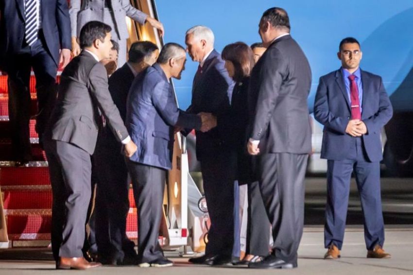 Vice President Mike Pence meets with three Americans - Kim Dong-chul, Tony Kim and Kim Hak-song - after their release from North Korean prison on May 10,2018 at Joint Base Andrews in Prince George's County, Maryland.