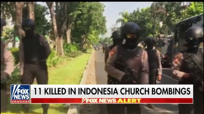 Indonesia police responding to an attack on Christian churches on May 13, 2018.