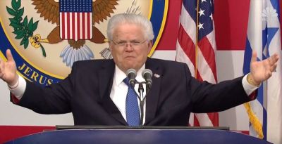 Pastor John Hagee of Cornerstone Church in San Antonio, Texas giving the closing prayer at the ceremony celebrating the opening of the US embassy in Jerusalem on Monday, May 14, 2018.