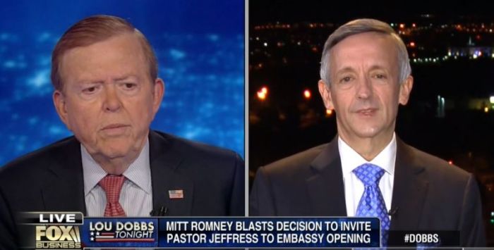 First Baptist Church of Dallas Pastor Robert Jeffress (right) being interviewed by Fox News anchor Lou Dobbs (left) on Monday, May 14, 2018.