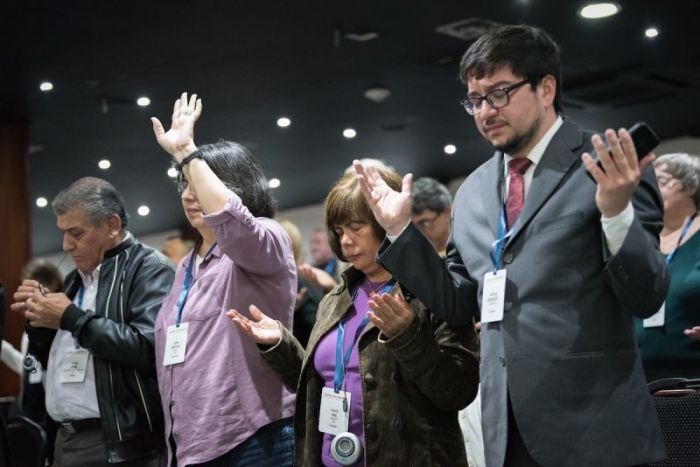 Morning prayers led by the Pentecostal World Fellowship, with the Assemblies of God, Colombia on 26 April 2018 in Bogotá at The Global Christian Forum.
