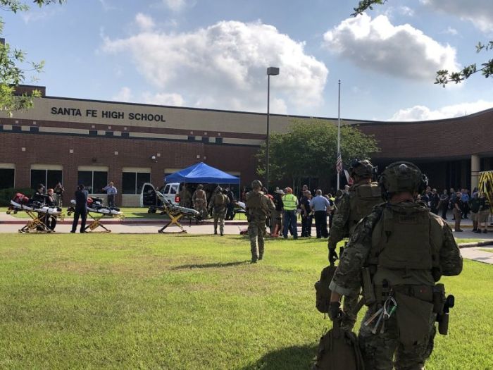 The scene at Santa Fe High School after a shooting that left 10 dead on May 18, 2018.