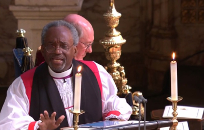 The Rev. Michael Curry gives the sermon at the wedding of Prince Harry and Meghan Markle at Windsor Castle, England, on May 19, 2018.