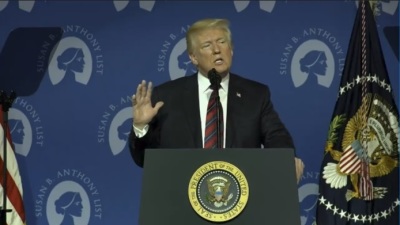 The screen shot of President Donald Trump during his speech at the 2018 Campaign for Life Gala of the Susan B. Anthony List where he talks about his anti-abortion stand.