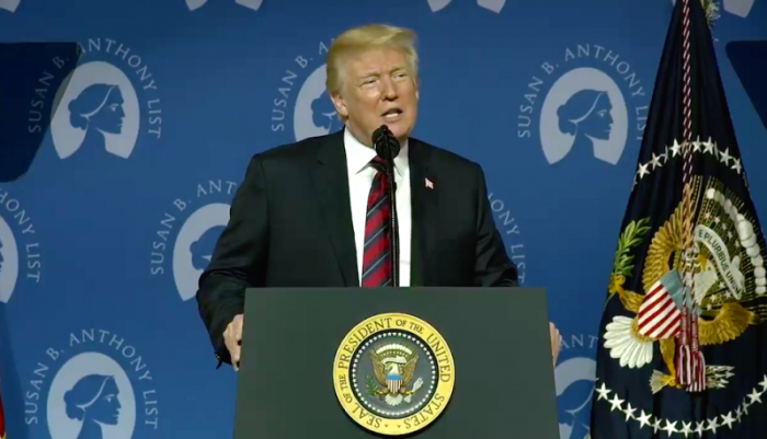 President Donald Trump speaks at the 2018 Campaign for Life Gala of the Susan B. Anthony List in Washington, D.C., May 22, 2018.