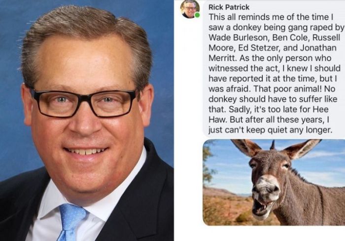 Pastor Rick Patrick (L) and his offensive Facebook comment (R).