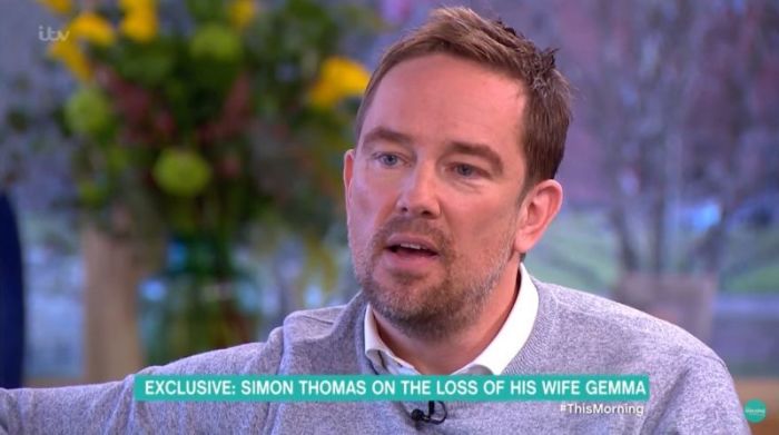 Simon Thomas tells the emotional story of having to tell his son that his mother had died of acute myeloid leukaemia in an interview with ITV 'This Morning' on February 27, 2018.