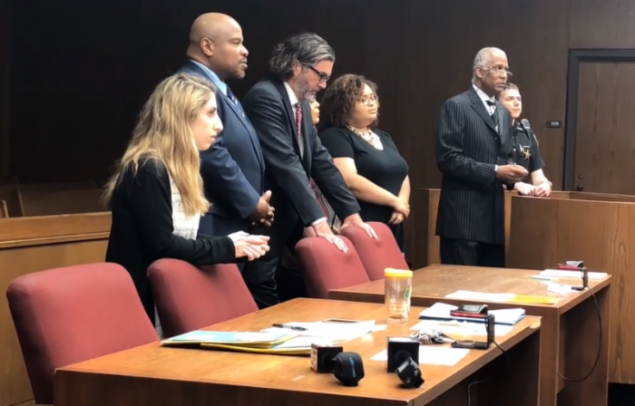 St. Paul's AME Zion Church Pastor Anthony Morris, his wife, Zelda Morris, and his daughter, Kamali Morris, were sentenced on Monday May 21, 2018, for their involvement in a February dispute with a Sunday school teacher. In photo from L-R are:prosecutor Elizabeth Tighe; Mr. Morris; his attorney, Neil McElroy; Zelda Morris, and Kamali Morris and Ronnie Wingate, the attorney for Mrs. Morris and her daughter.