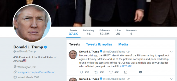 President Donald Trump's @realDonaldTrump Twitter page, May 24, 2018.