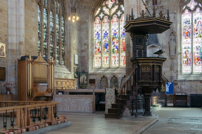 The pulpit from which John Cotton preached at St. Botolph's Church in Boston, England.