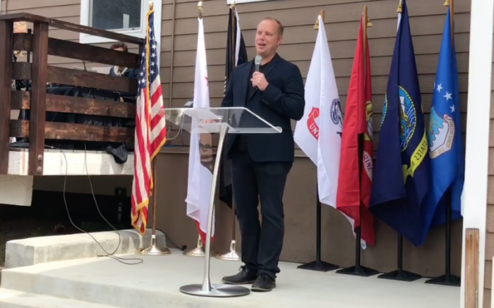 Matthew Barnett, co-founder of the Dream Center and senior pastor of the Angelus Temple, speaks at the grand opening and ribbon cutting ceremony of the Women Veterans Home in Los Angeles, California, May 25, 2018.