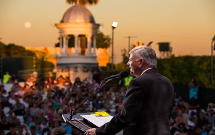 The Reverend Franklin Graham, head of the Billy Graham Evangelistic Association, speaking before thousands gathered at the Fresno Fairgrounds in California, as part of his Decision America Tour on Monday, May 29, 2018.