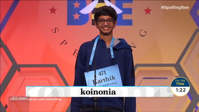 Scripps National Spelling Bee winner Karthik Nemmani, with the winning word 'koinonia.'