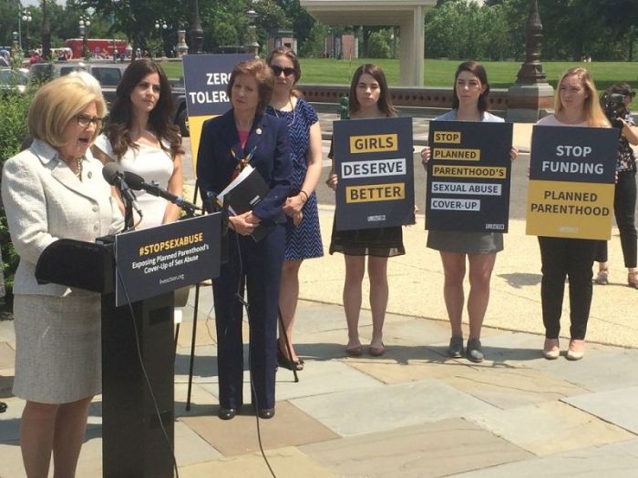 Rep. Diane Black, R-Tenn., speaks alongside Live Action's Lila Rose and Rep. Vicki Hartzler, R-Mo., outside the U.S. Capitol addressing Planned Parenthood's systemic cover-up of sexual abuse, enabling of human trafficking in Washington, D.C. on June 7, 2018.