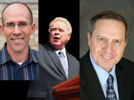 Kevin Ueckert (L), chairman of the Southwestern Baptist Theological Seminary's board of trustees, Paige Patterson (C), the seminary's former president, and Thomas Hatley (R) former chairman of the Southern Baptist Convention's International Mission Board.