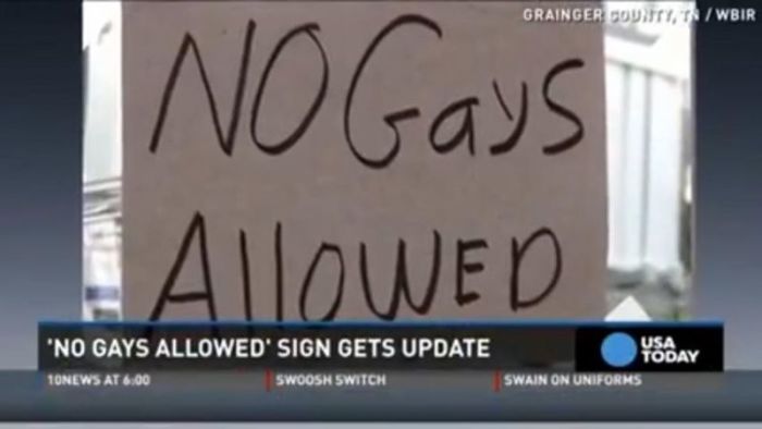 A Tennessee hardware store owner reposted a 'No Gays Allowed' sign in his front window following the Supreme Court's ruling in favor of Jack Phillips.