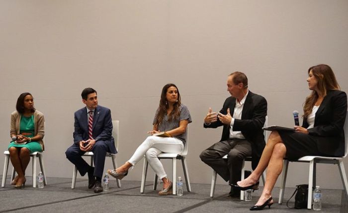 From left: Trillia Newbell, director of community outreach for the ERLC; Russell Moore, president of the ERLC; author Jamie Ivey; and James Merritt, lead pastor, Cross Pointe Church in Duluth, Georgia; and Kimberlee Norris, sexual abuse trial attorney at Ministry Safe speak at the Southern Baptist Convention in Dallas, Texas, on June 11, 2018.