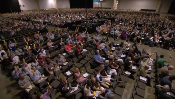 Messengers at the Southern Baptist Convention annual meeting voting on a recommendation during a session held on Tuesday, June 12, 2018 in Dallas, Texas.
