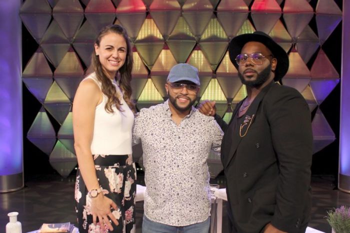 Mary Jenna nixon, Luis Javier Ruis and Edward Byrd on the set of In The Mix with Jeannie Ortega sharing their testimony for TBN Salsa, June 4, 2018.