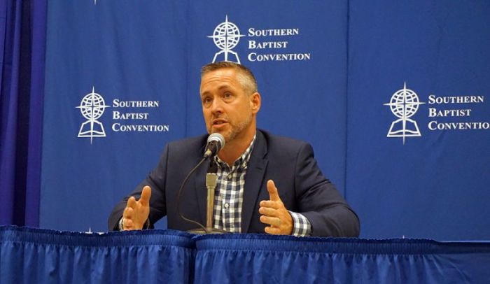Newly elected Southern Baptist Convention President Pastor J.D.Greear, lead pastor of Summit Church in Raleigh-Durham, North Carolina, speaks at a news conference at the Kay Bailey Hutchison Convention Center in Dallas, Texas, on June 12, 2018.