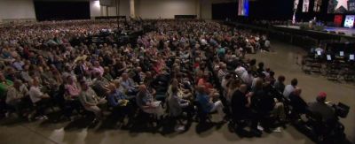 Southern Baptist Convention messengers watch Vice President Mike Pence give remarks at their annual meeting in Dallas, Texas on Wednesday, June 13, 2018.