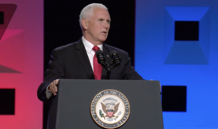 Vice President Mike Pence gives remarks at the Southern Baptist Convention annual meeting in Dallas, Texas on Wednesday, June 13, 2018.