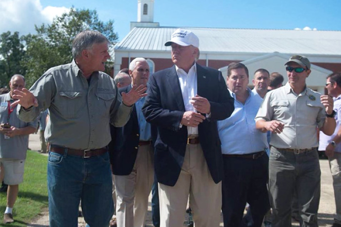 Rev. Franklin Graham during the response to flood victims in Baton Rouge, LA, joined by Donald Trump came by to see for himself the devastation and the work Samaritan's Purse was doing at the time.