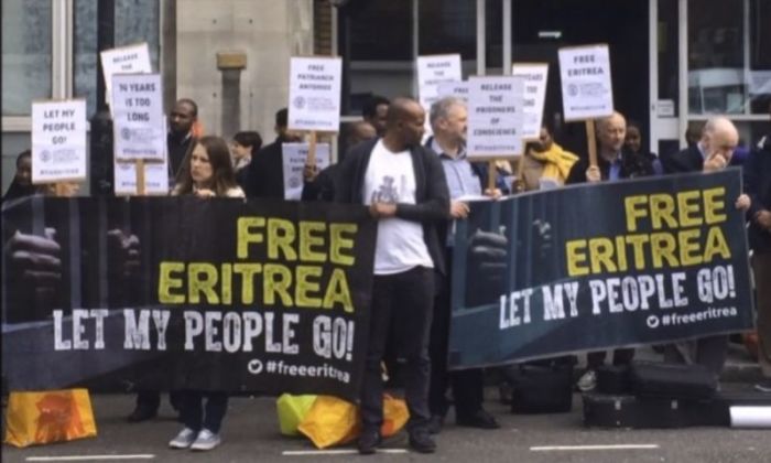 Protesters gather to protest the arrest of religious minorities in Eritrea in this undated screenshot.