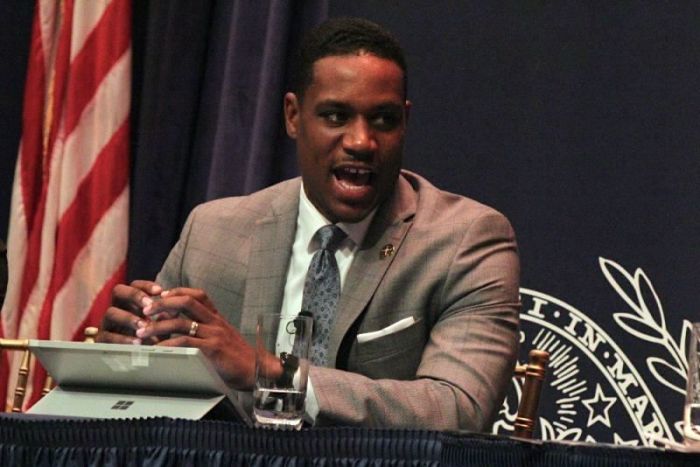 Atlanta-based political strategist Justin Giboney, the co-founder of the AND Campaign, speaks during a panel discussion held at Georgetown University in Washington, D.C. on June 18, 2018.