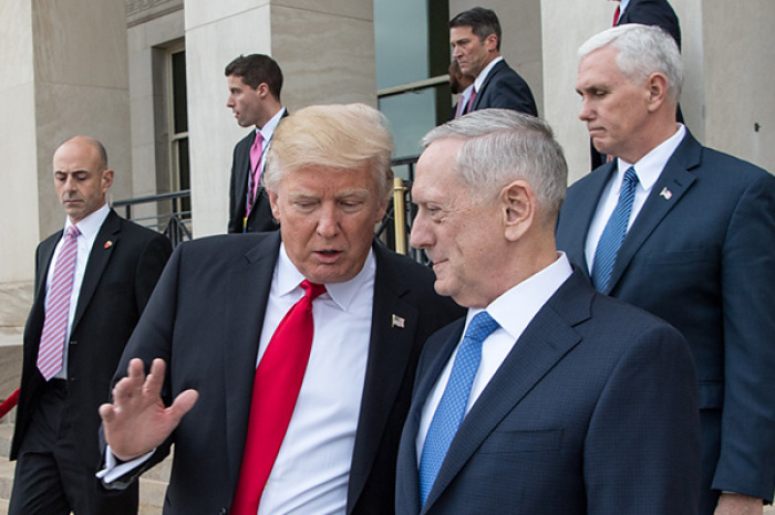 President Donald J. Trump departs from the Pentagon alongside Secretary of Defense James Mattis on January 27, 2017, in Washington, D.C.
